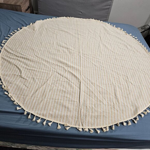 Round Tablecloth Table Cloth Cover Cloth Beige White Striped Tassel Fringe 59" - Picture 4 of 9